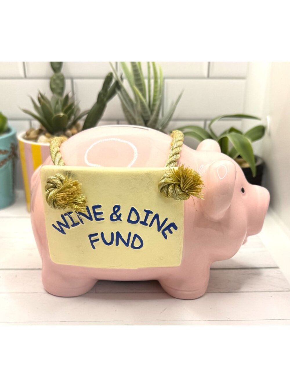 Ceramic Pink Piggy Bank With "Wine & Dine Fund" Design - 2001 EG Vintage